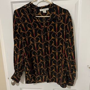 The Limited Vintage Black Silk Blouse with Gold and Red Riding Theme Design sz S